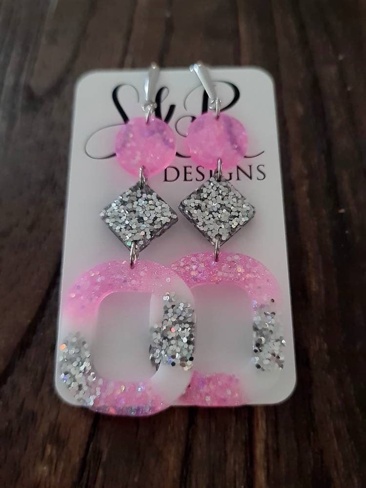 Pink Silver Oversized Rounded Square Dangles, Statement Long Glitter Earrings
