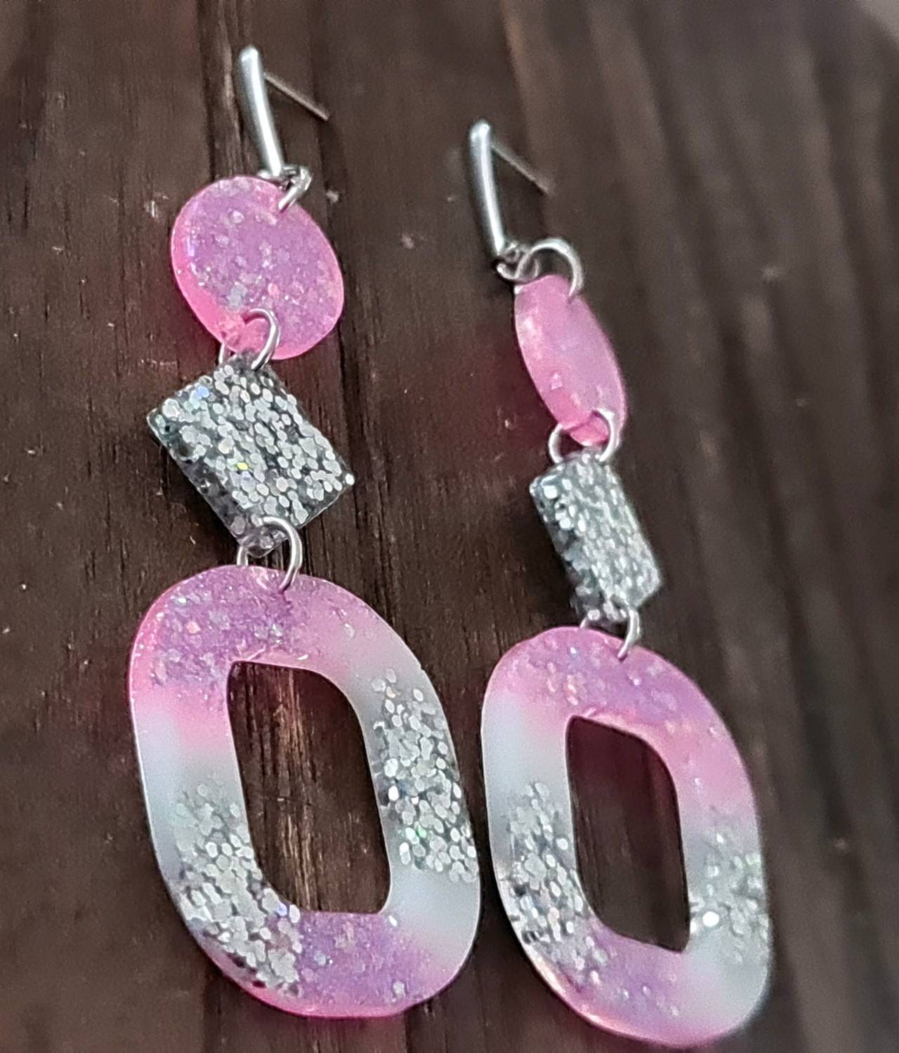 Pink Silver Oversized Rounded Square Dangles, Statement Long Glitter Earrings