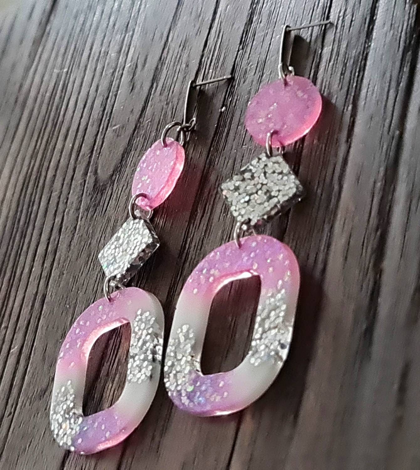 Pink Silver Oversized Rounded Square Dangles, Statement Long Glitter Earrings