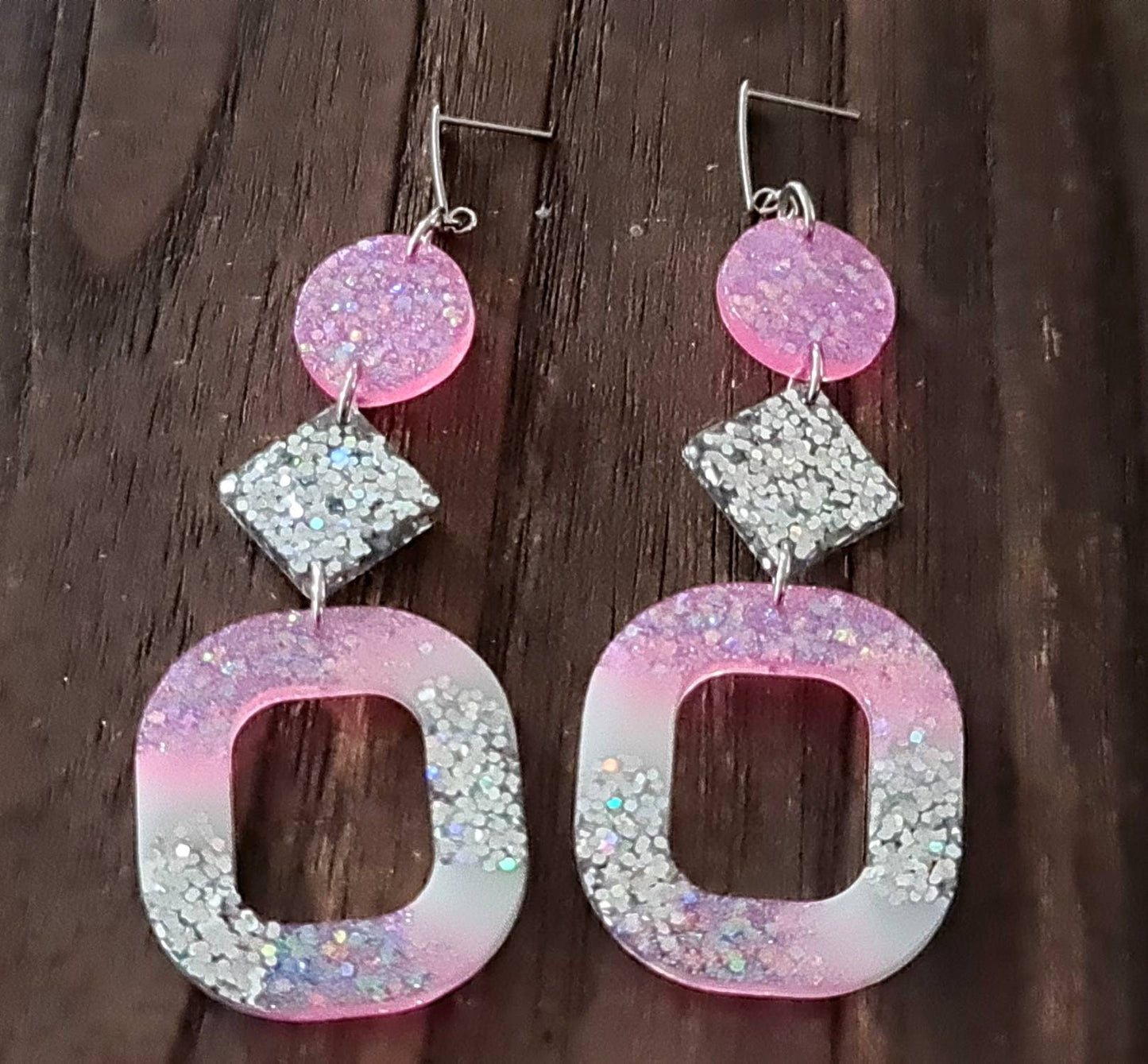 Pink Silver Oversized Rounded Square Dangles, Statement Long Glitter Earrings