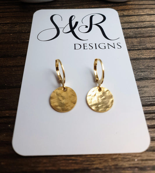 Gold Hammered Circle Disc Medium Leverback Earrings, Coin Disc Hoops, Hooks, Stainless Steel Dangle Leverback, Minimalist Earrings, 12mm