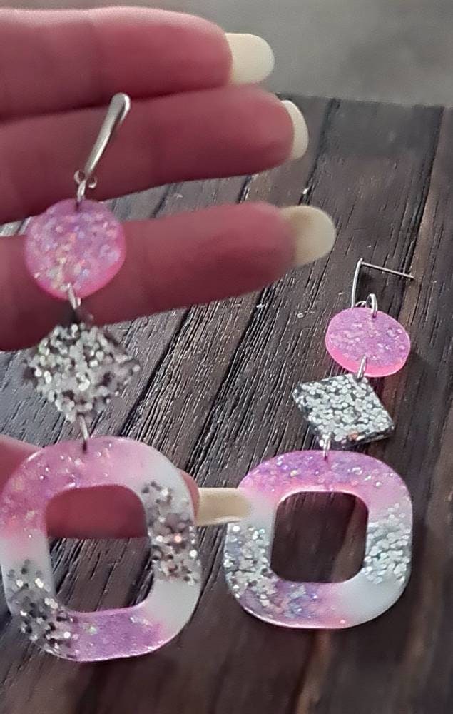 Pink Silver Oversized Rounded Square Dangles, Statement Long Glitter Earrings