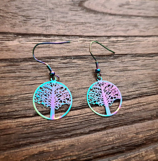 Rainbow Tree of Life Earrings - Stainless Steel Filigree Dangle Hooks or Leverback - Anodized Finish