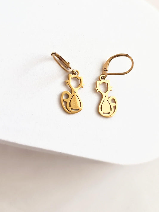 Gold Cat Leverback Dangle Earrings, Cat Earrings, Stainless Steel Dangle Leverback, Hoops or Hook Earrings.