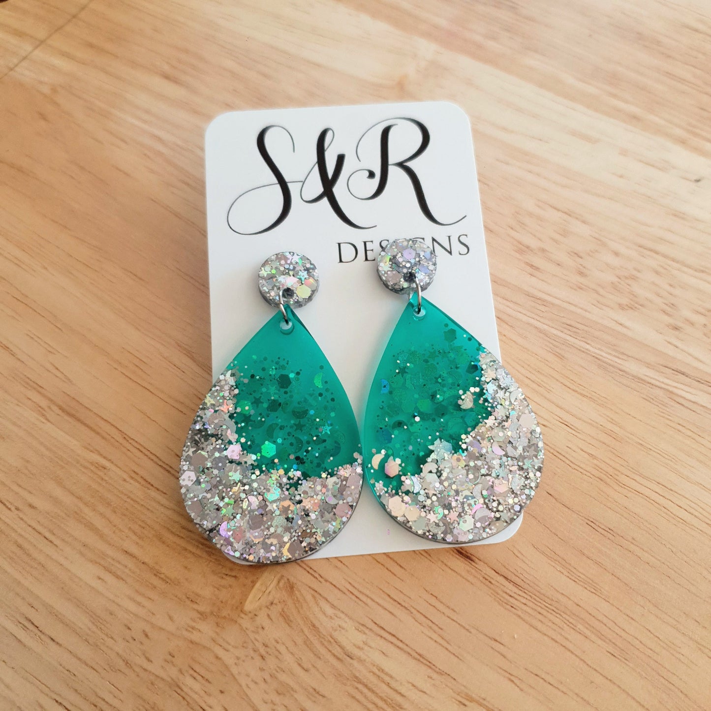 Teardrop Dangle Silver Earrings, Green with Silver Glitter Resin Drop Dangles, Stainless Steel, Statement Handmade Gift.