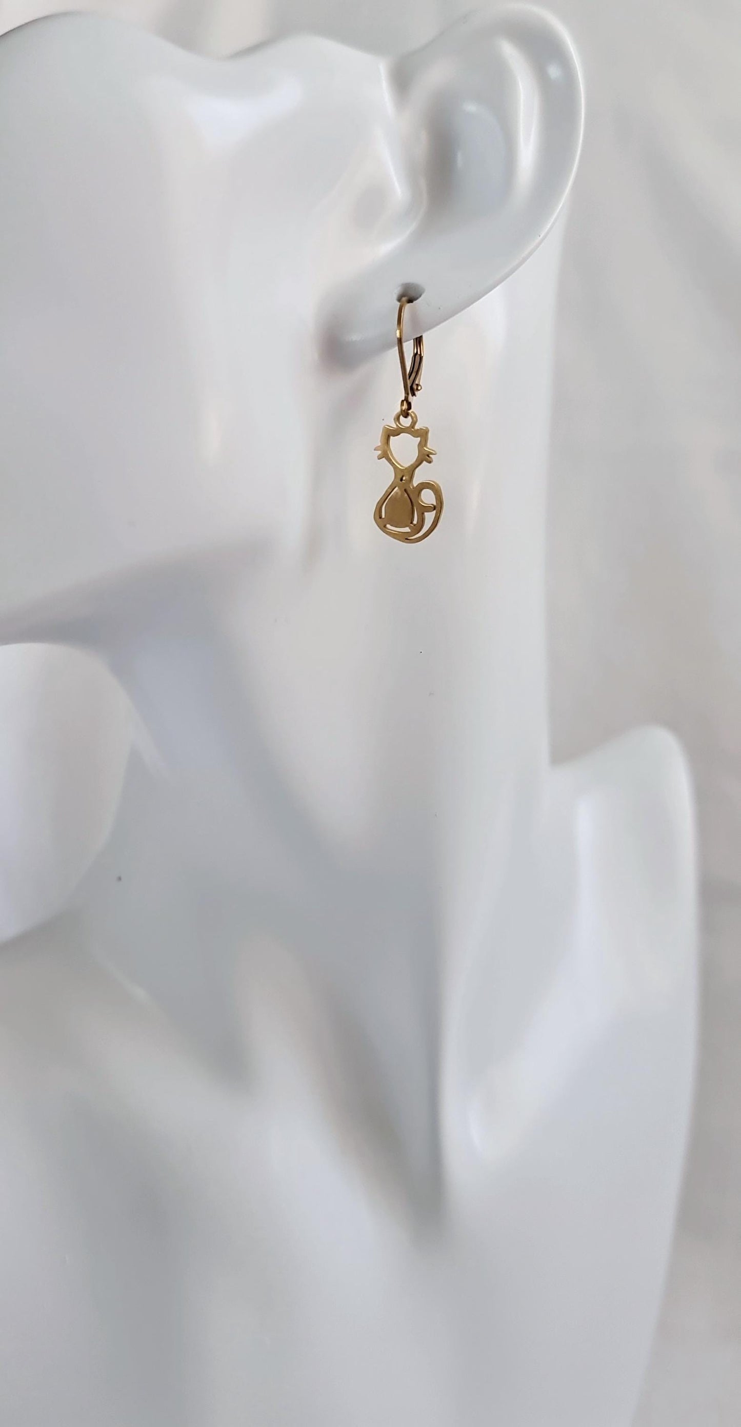 Gold Cat Leverback Dangle Earrings, Cat Earrings, Stainless Steel Dangle Leverback, Hoops or Hook Earrings.