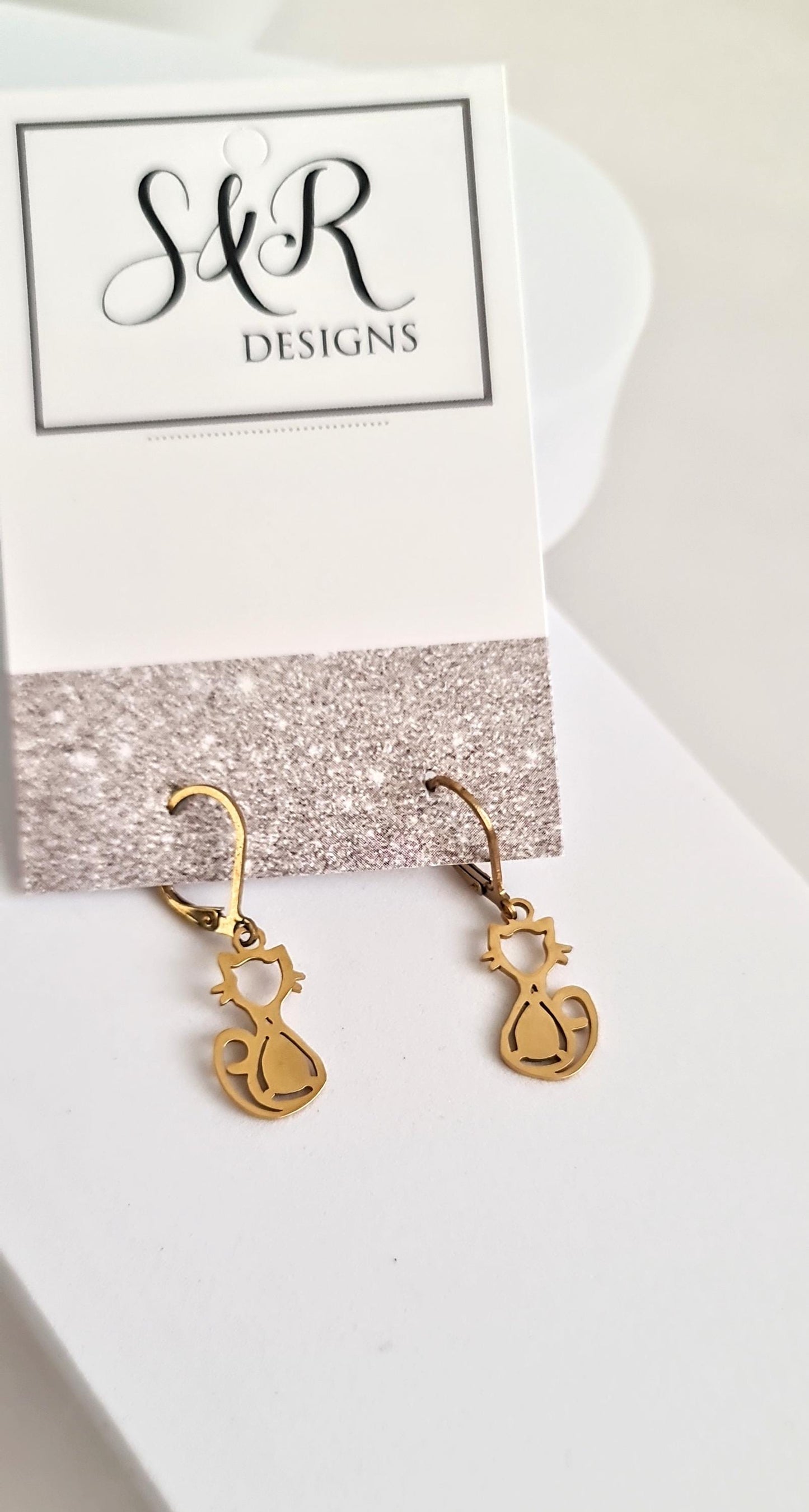 Gold Cat Leverback Dangle Earrings, Cat Earrings, Stainless Steel Dangle Leverback, Hoops or Hook Earrings.