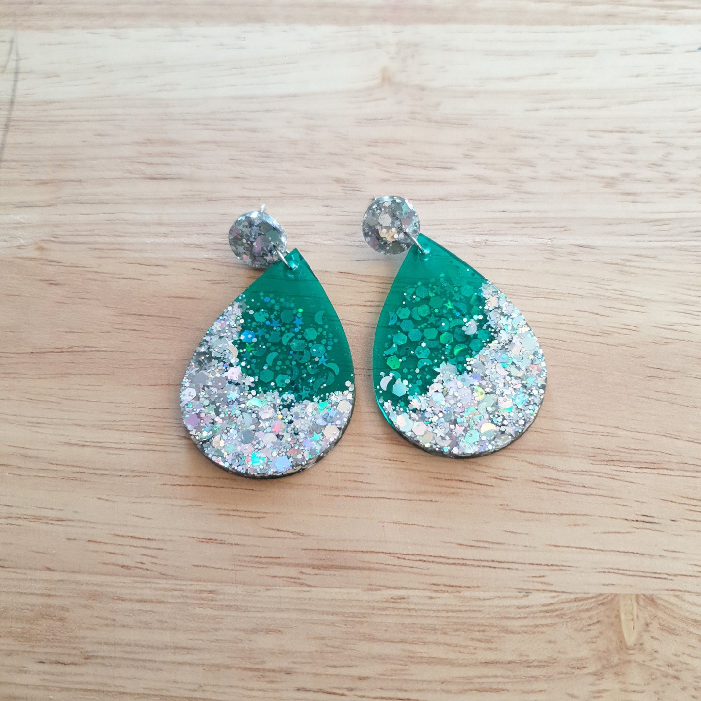 Teardrop Dangle Silver Earrings, Green with Silver Glitter Resin Drop Dangles, Stainless Steel, Statement Handmade Gift.