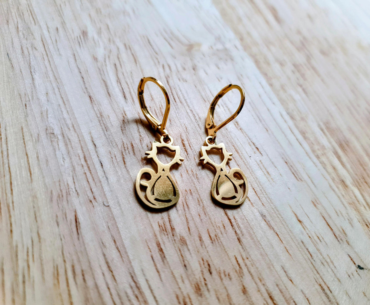 Gold Cat Leverback Dangle Earrings, Cat Earrings, Stainless Steel Dangle Leverback, Hoops or Hook Earrings.