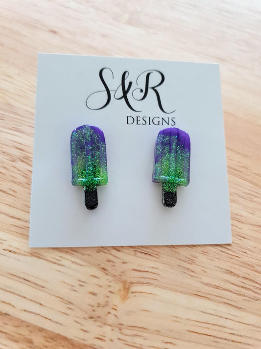 Lime Purple Icy Pole Stud Earrings, Glitter Ice Cream Earrings, Statement Food Earrings