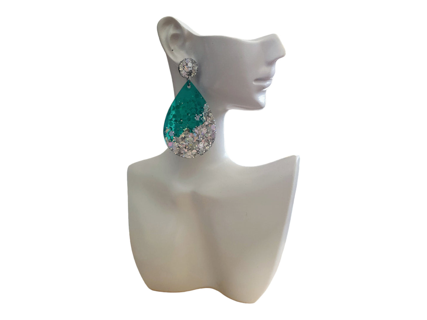 Teardrop Dangle Silver Earrings, Green with Silver Glitter Resin Drop Dangles, Stainless Steel, Statement Handmade Gift.