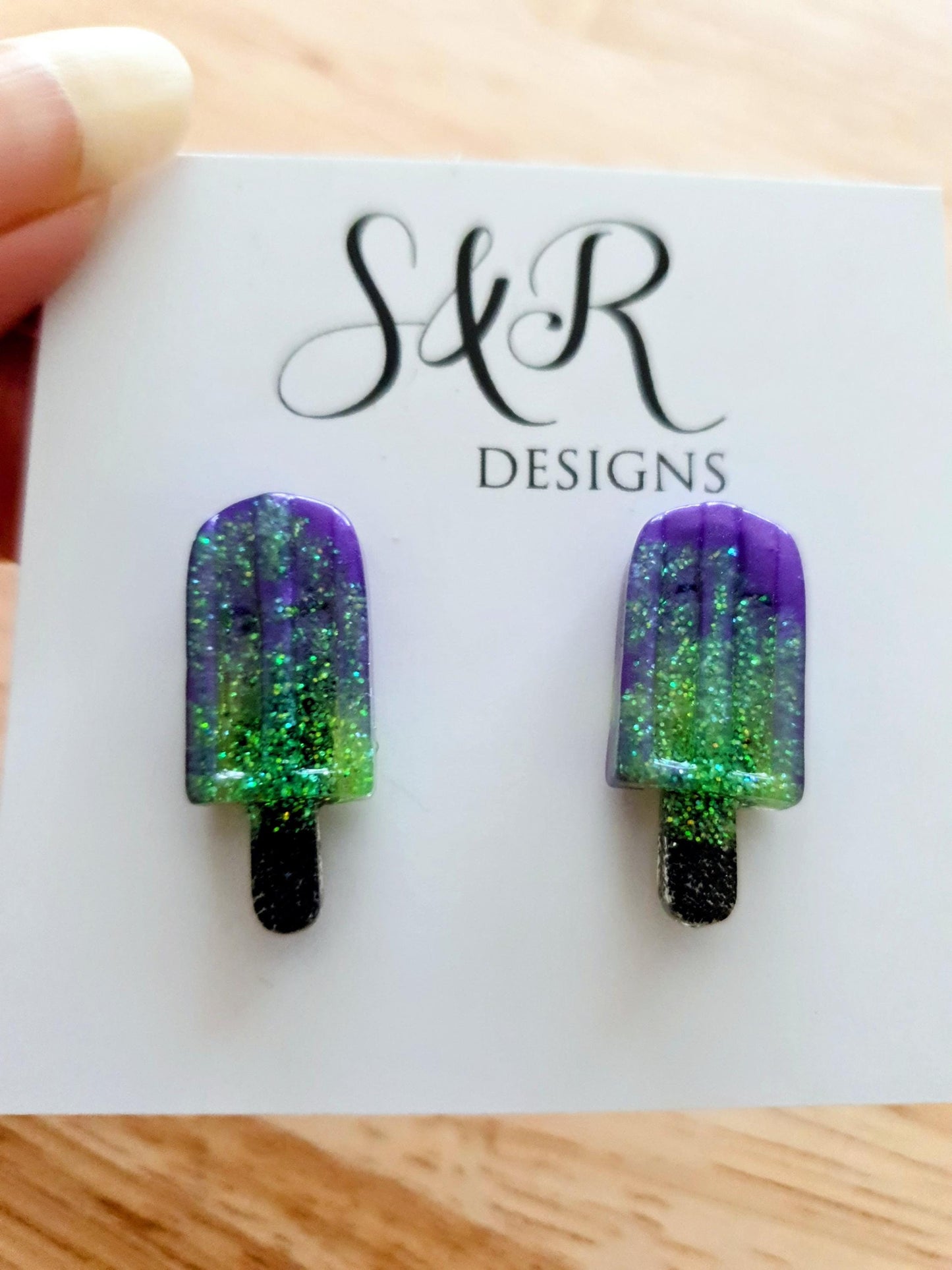 Lime Purple Icy Pole Stud Earrings, Glitter Ice Cream Earrings, Statement Food Earrings