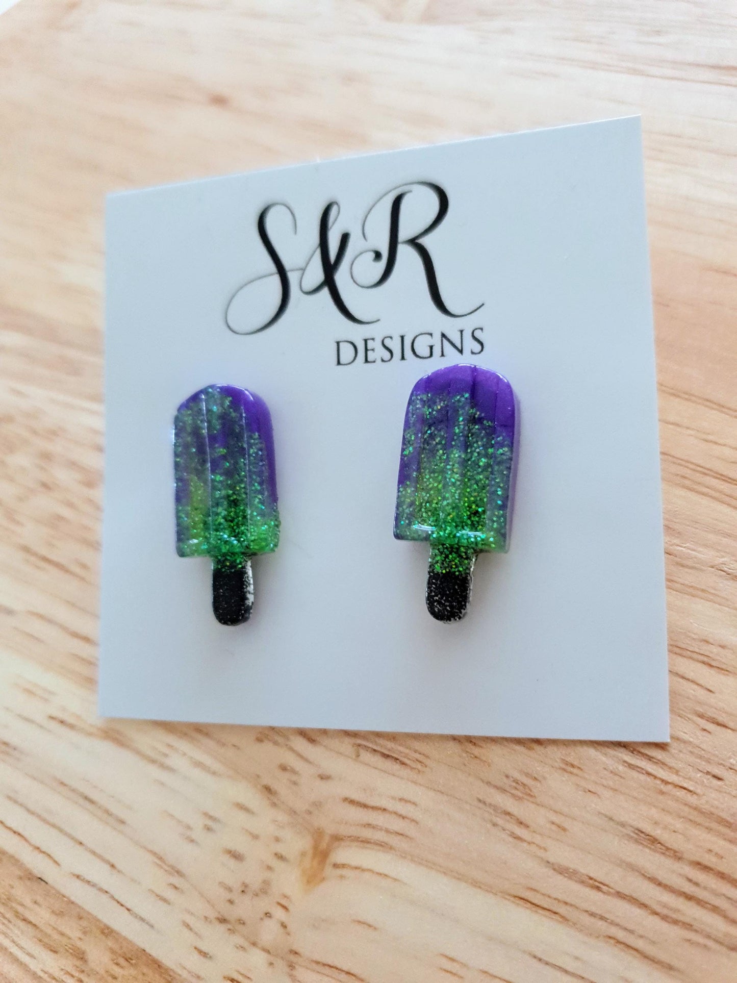 Lime Purple Icy Pole Stud Earrings, Glitter Ice Cream Earrings, Statement Food Earrings
