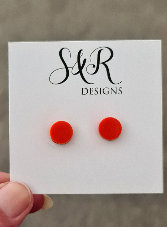 Orange Circle Dot Resin Stud Earrings, Glitter Earrings. Stainless Steel Stud Earrings. 8mm,  10mm, 12mm or 15mm