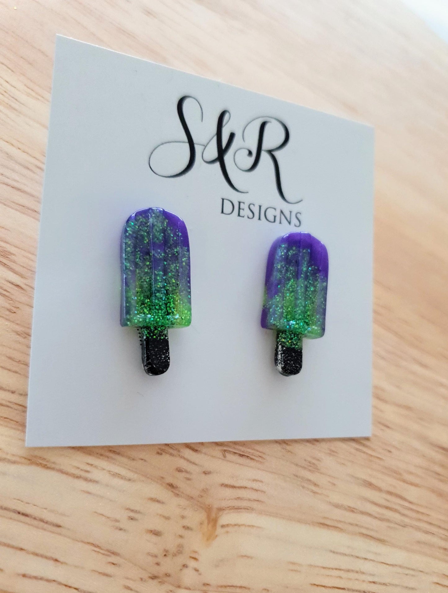 Lime Purple Icy Pole Stud Earrings, Glitter Ice Cream Earrings, Statement Food Earrings