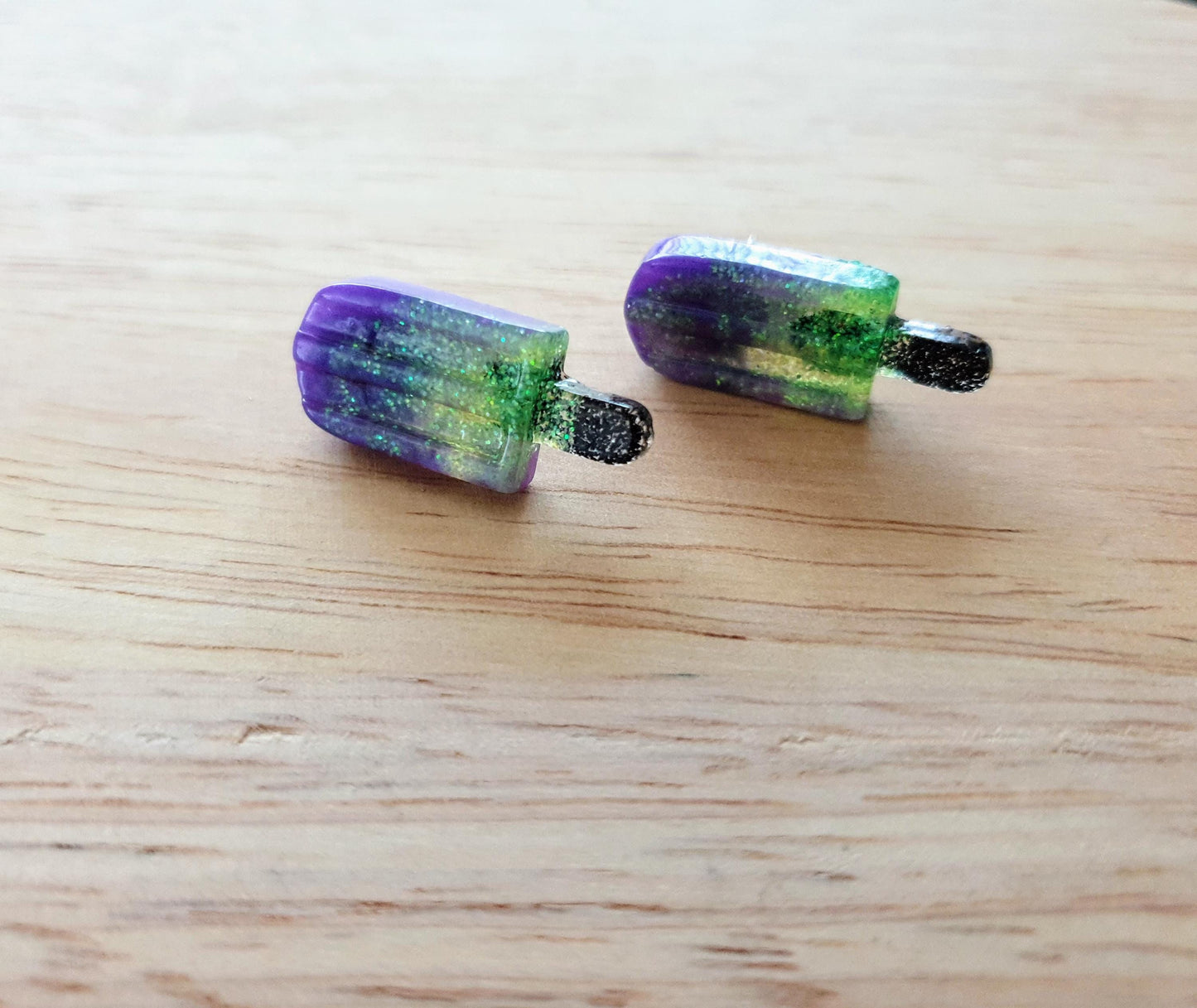 Lime Purple Icy Pole Stud Earrings, Glitter Ice Cream Earrings, Statement Food Earrings