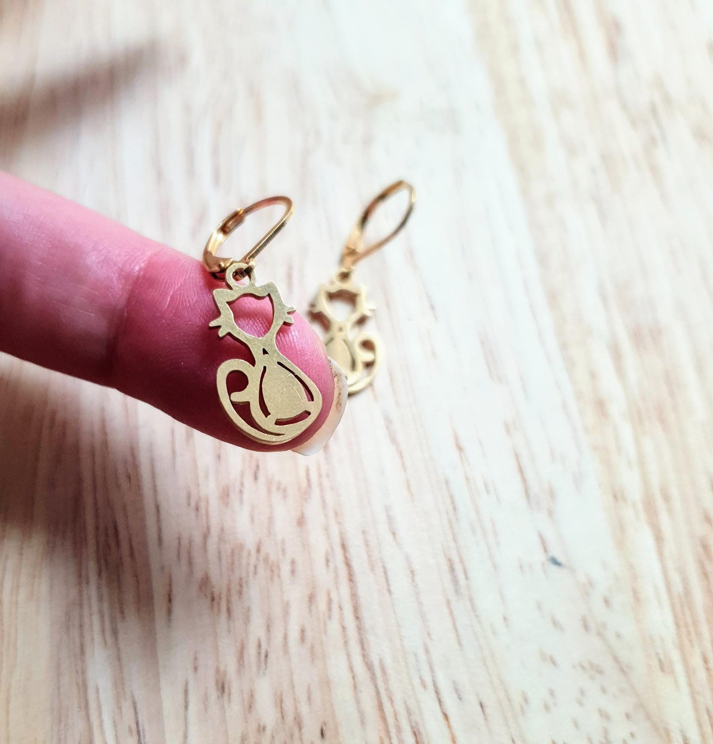 Gold Cat Leverback Dangle Earrings, Cat Earrings, Stainless Steel Dangle Leverback, Hoops or Hook Earrings.