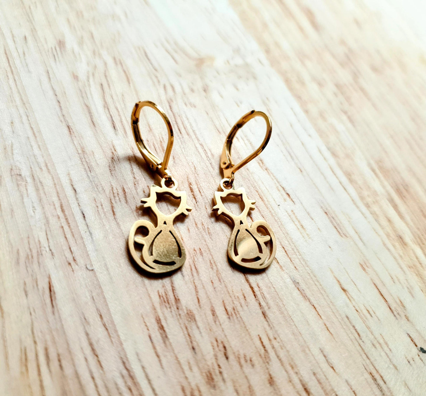 Gold Cat Leverback Dangle Earrings, Cat Earrings, Stainless Steel Dangle Leverback, Hoops or Hook Earrings.