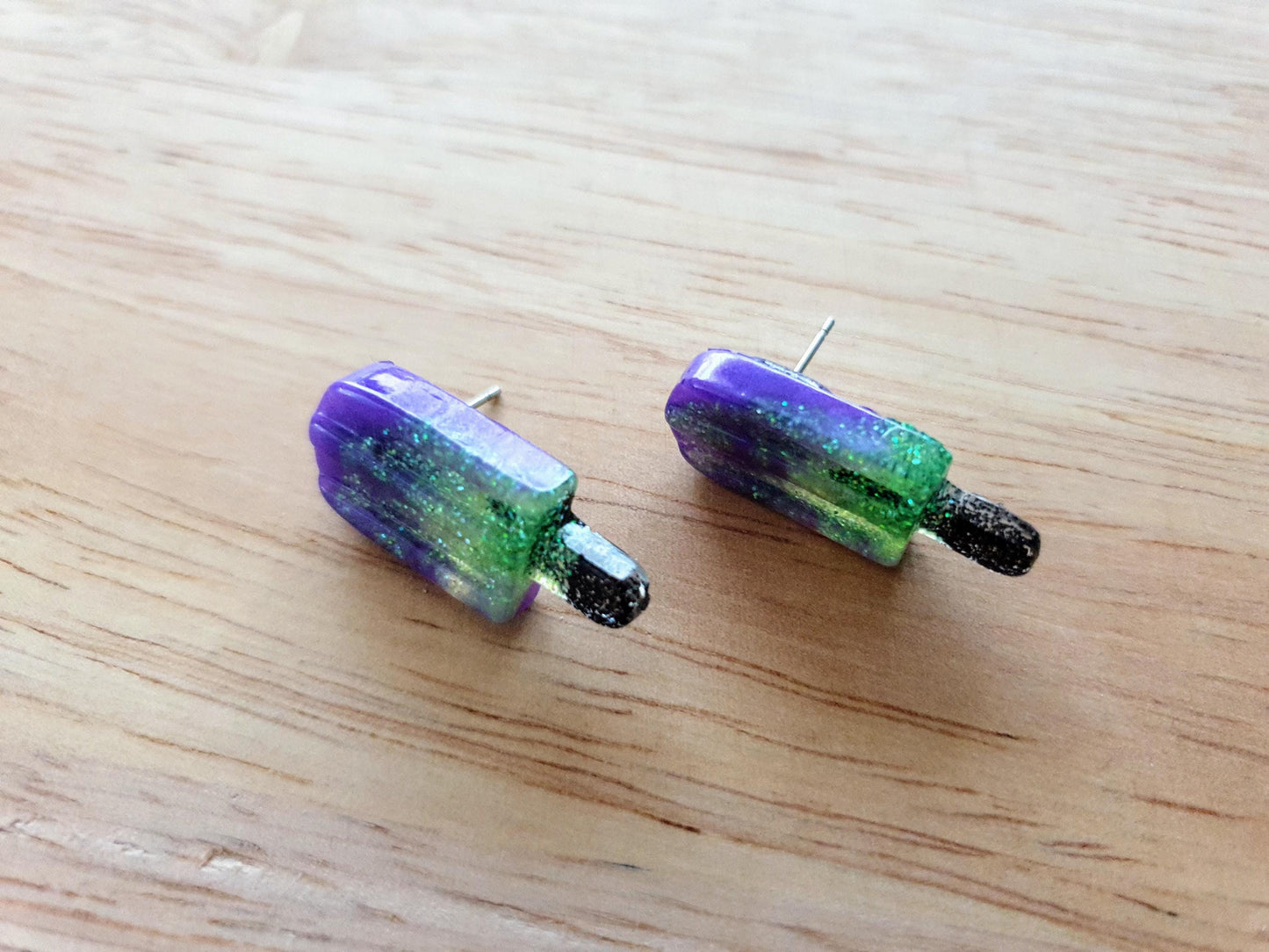 Lime Purple Icy Pole Stud Earrings, Glitter Ice Cream Earrings, Statement Food Earrings