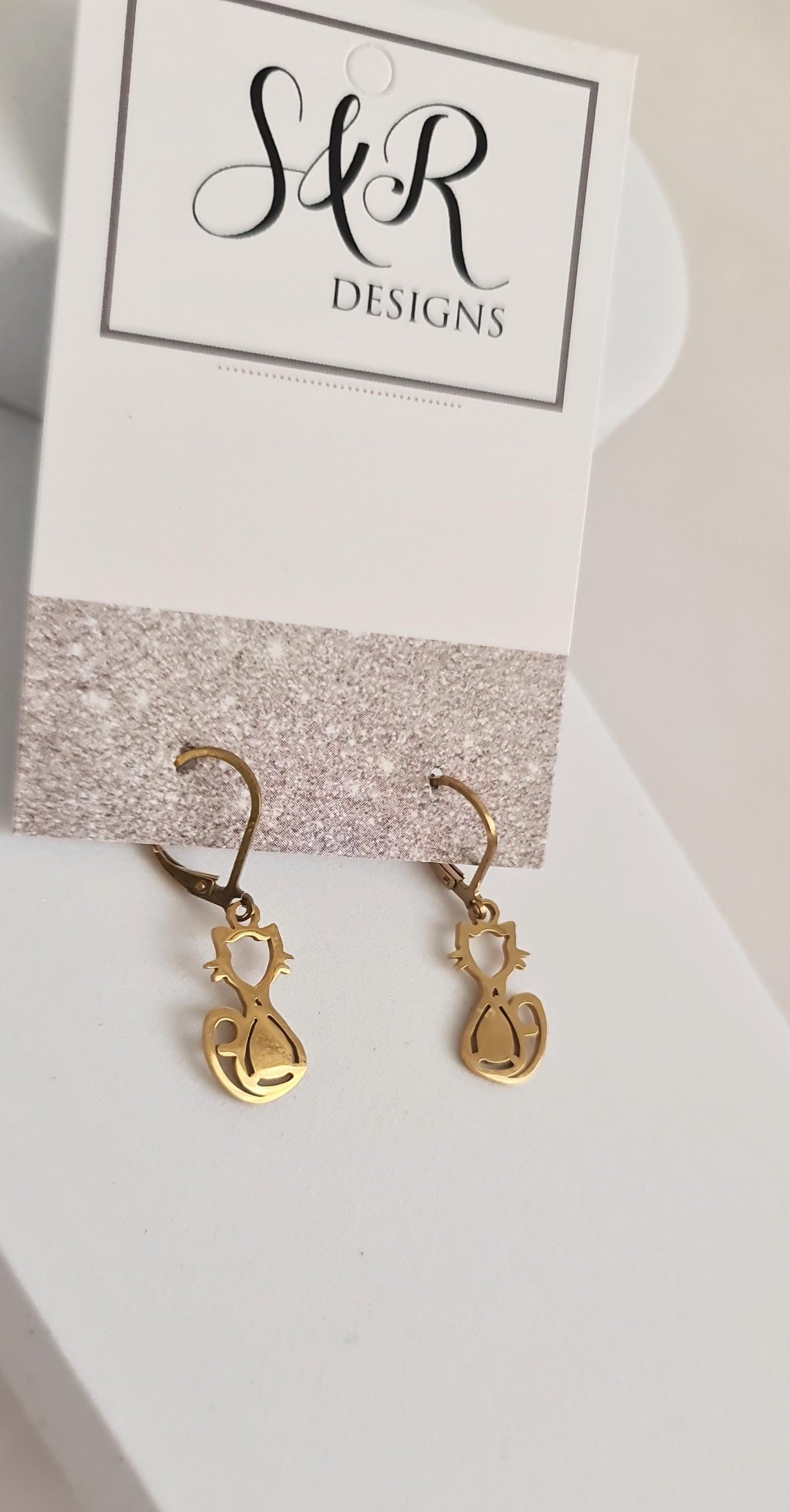 Gold Cat Leverback Dangle Earrings, Cat Earrings, Stainless Steel Dangle Leverback, Hoops or Hook Earrings.