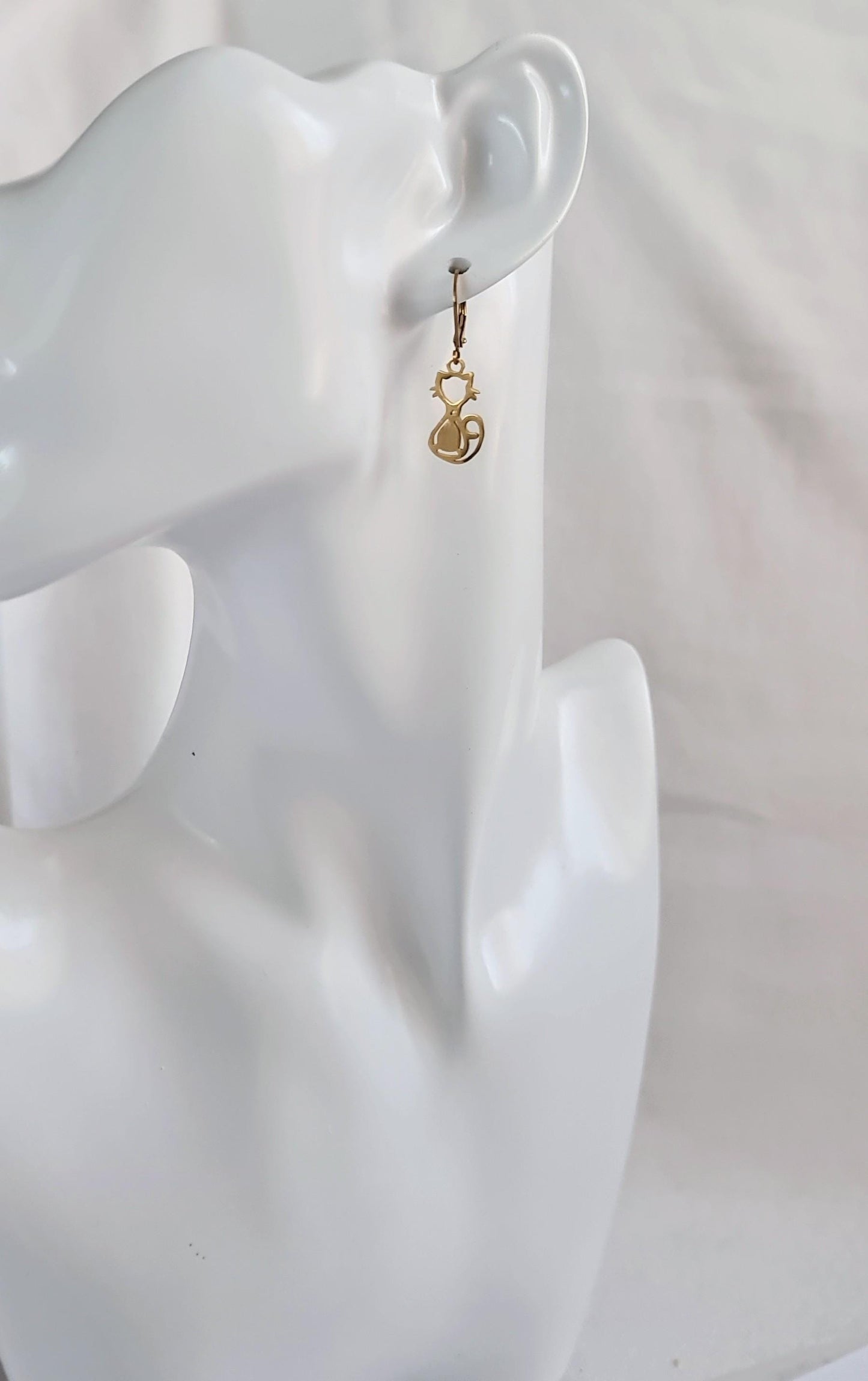 Gold Cat Leverback Dangle Earrings, Cat Earrings, Stainless Steel Dangle Leverback, Hoops or Hook Earrings.