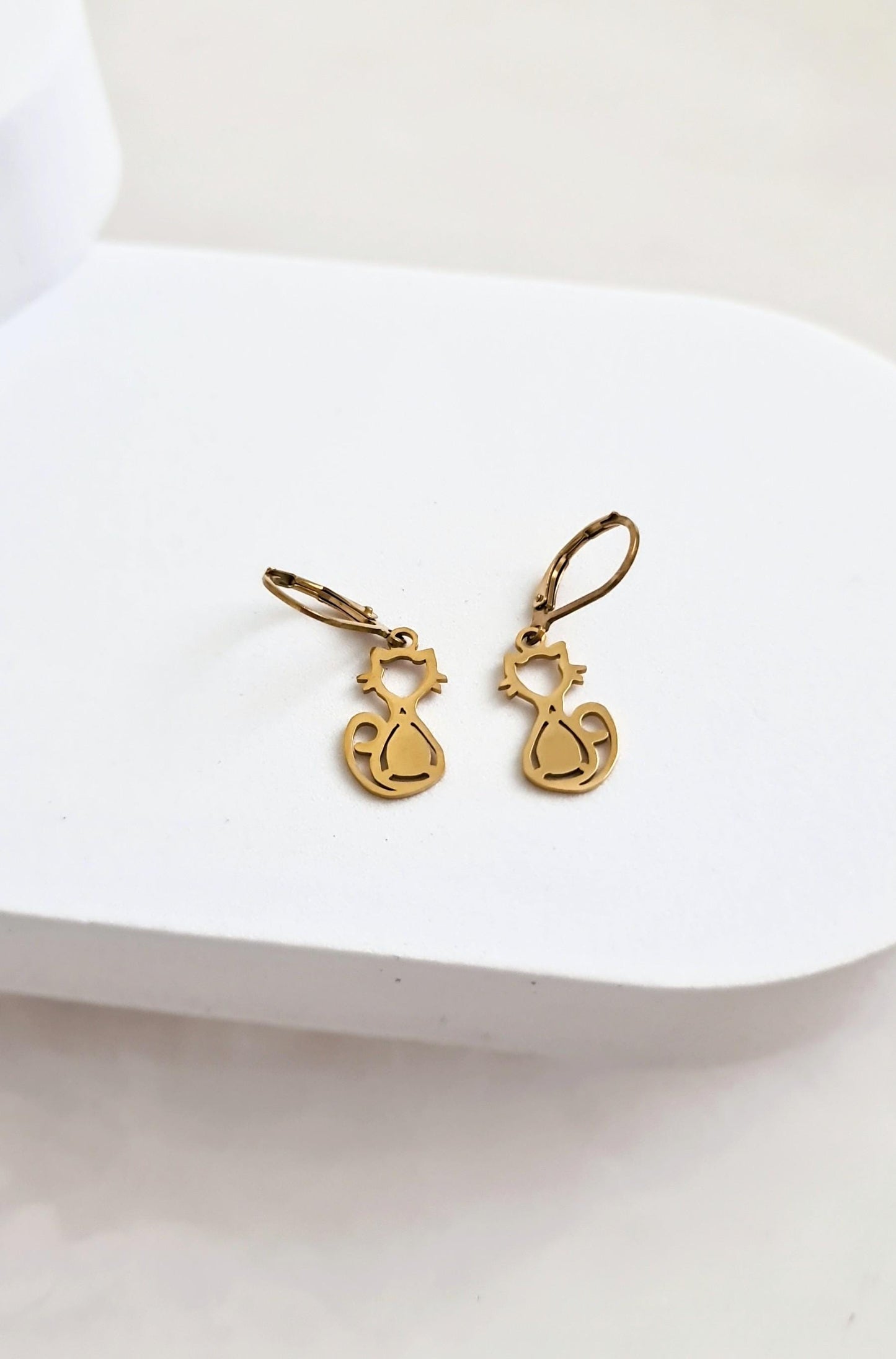 Gold Cat Leverback Dangle Earrings, Cat Earrings, Stainless Steel Dangle Leverback, Hoops or Hook Earrings.