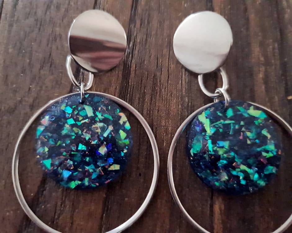 Blue Opal Oversized Stainless Steel Dangles, Statement Faux Opal Glitter Earrings