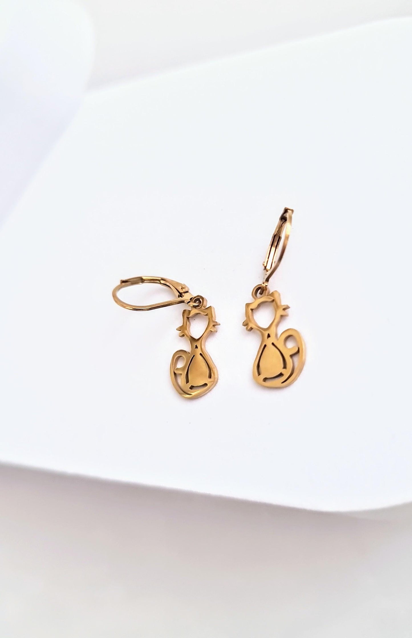 Gold Cat Leverback Dangle Earrings, Cat Earrings, Stainless Steel Dangle Leverback, Hoops or Hook Earrings.