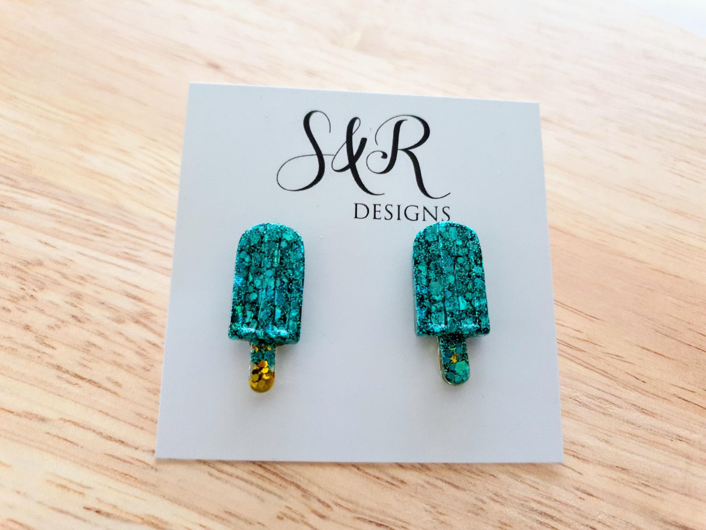 Turquoise Icy Pole Stud Earrings, Glitter Ice Cream Earrings, Statement Food Earrings