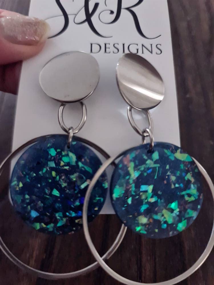 Blue Opal Oversized Stainless Steel Dangles, Statement Faux Opal Glitter Earrings