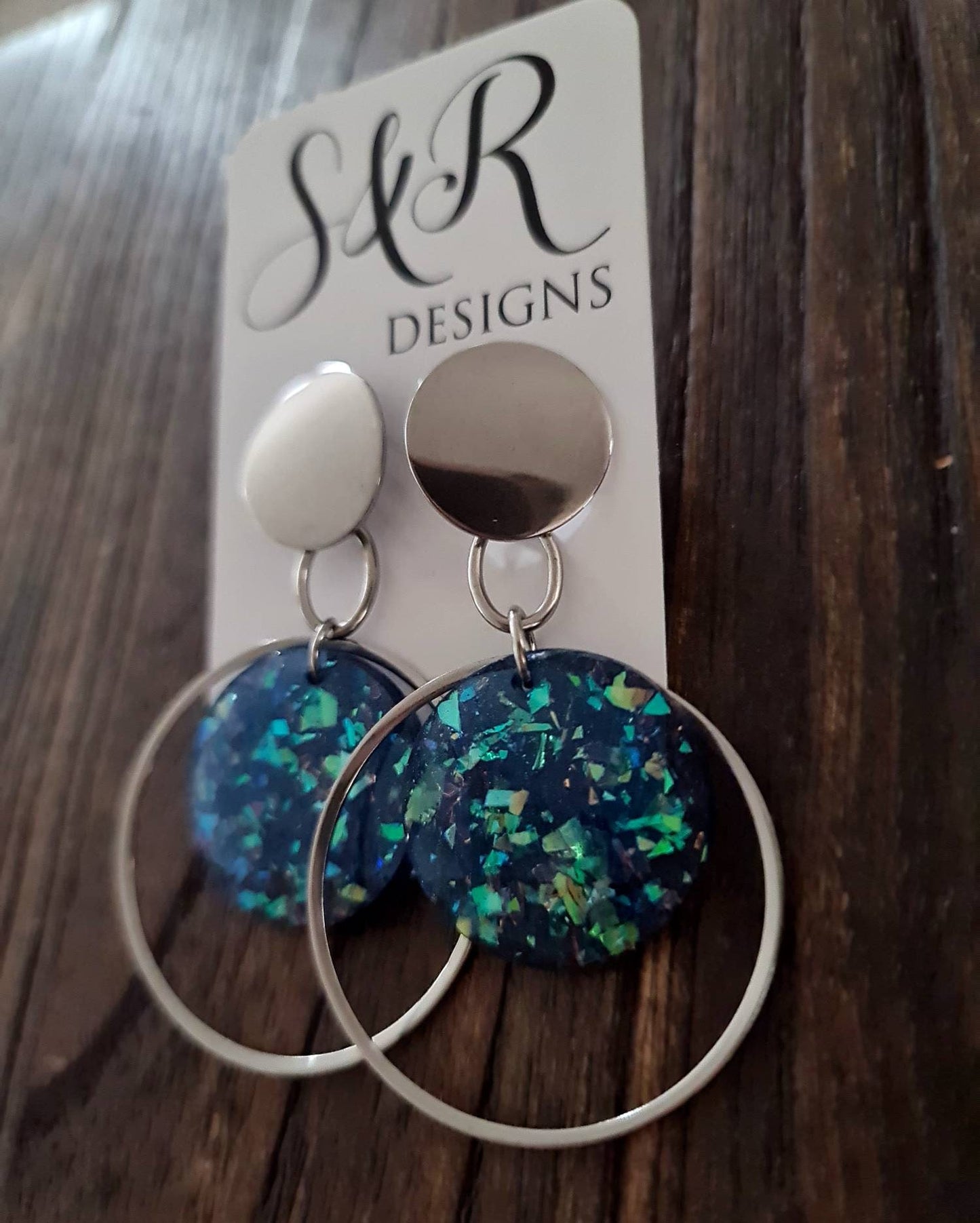 Blue Opal Oversized Stainless Steel Dangles, Statement Faux Opal Glitter Earrings
