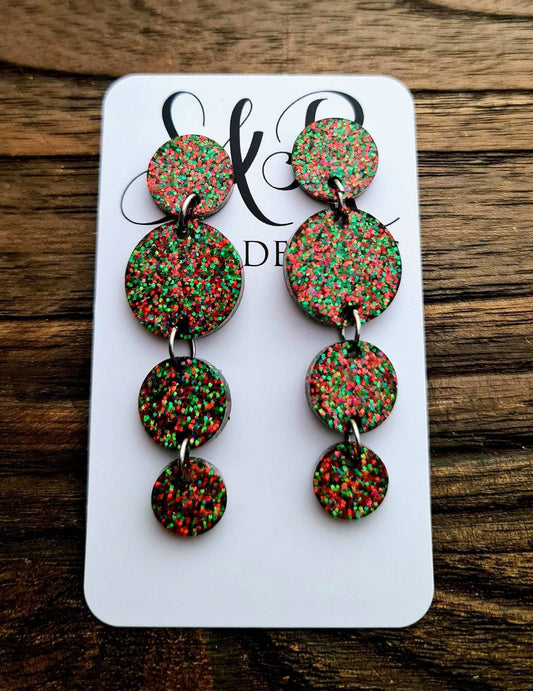 Red & Green Mix Circle Long Dangle Earrings, Christmas Statement Earrings