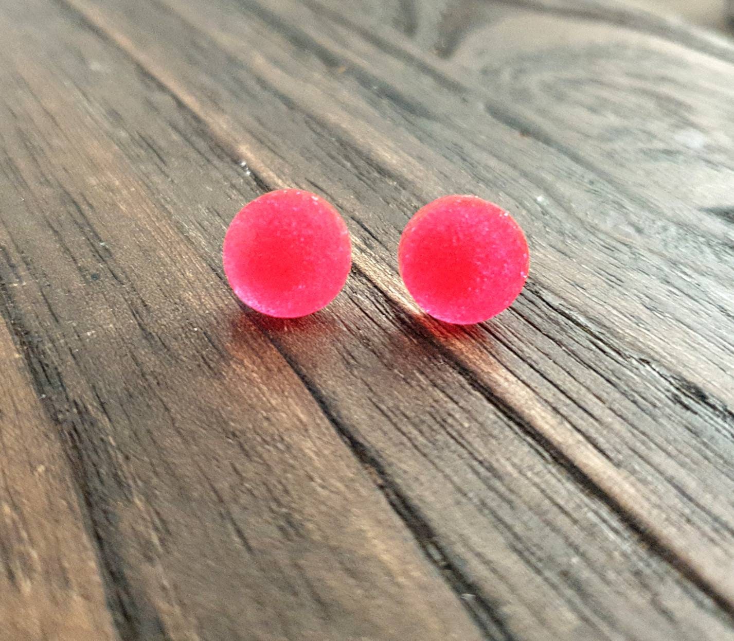Neon Pink Circle Dot Resin Stud Earrings, Neon Fine Glitter Earrings. Stainless Steel Minimalist Studs. 15mm, 12mm, 10mm or 8mm