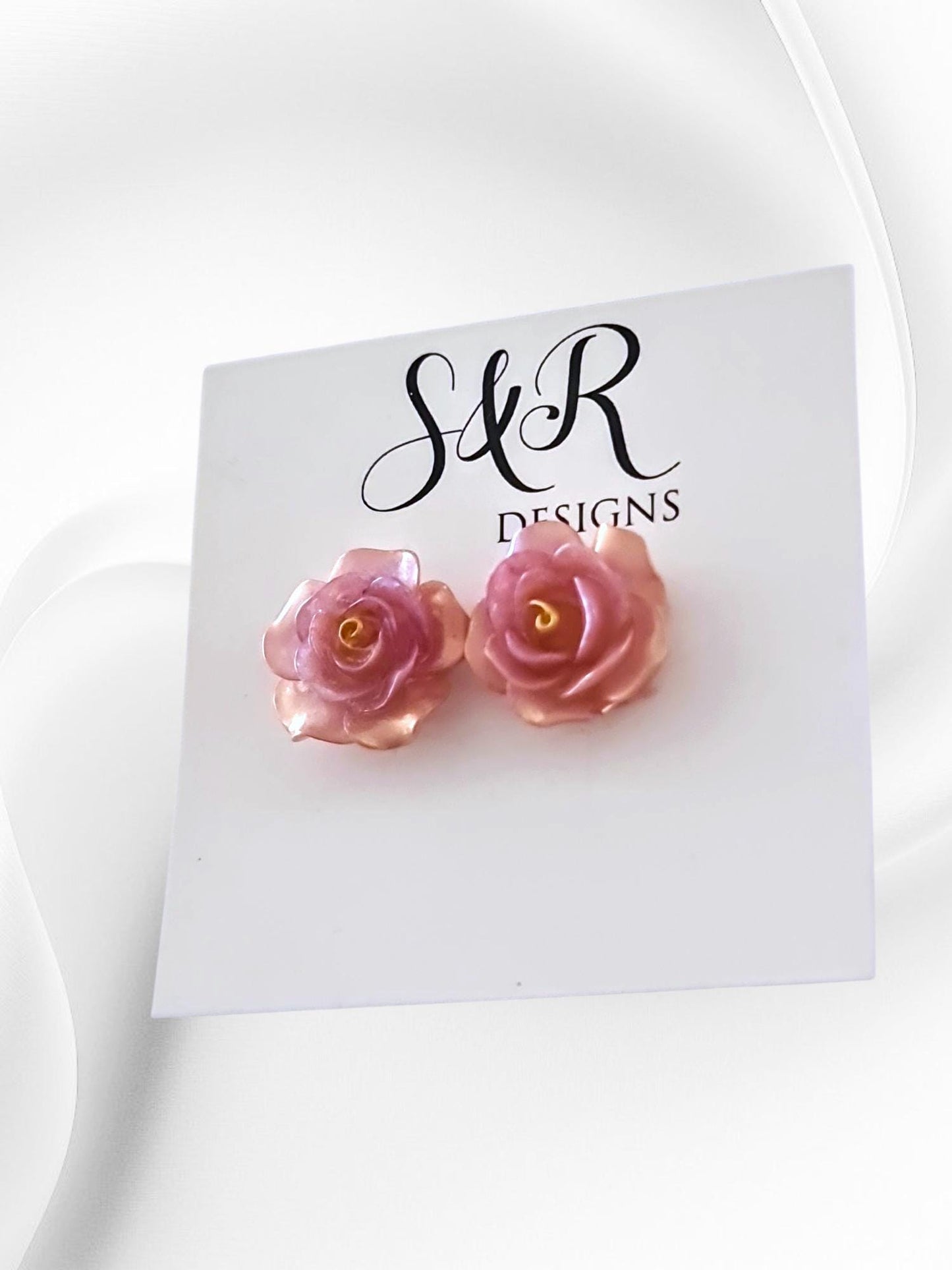 Handmade Pink Resin Rose Stud Earrings, Elegant Floral Earrings, Lightweight & Hypoallergenic, Gift for her, Flower Lover