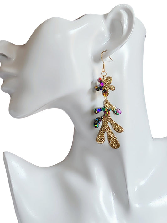 Gold Flower Leaves Dangle Drop Earrings, Gold Holographic, Teal, Purple Mix Glitter Dangles, Statement Earrings Stainless Steel, Lightweight