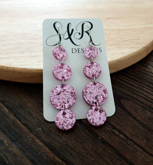 Pink Four Circle Long Hook Dangles Earrings, Statement Earrings, Pink Glitter Dangle Earwire Earrings