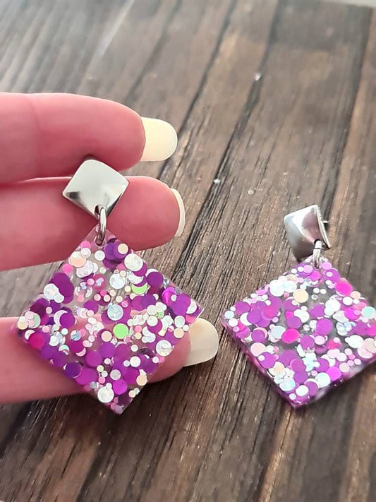 Elegant Square Dangle Earrings, Hot Pink Silver Holographic Glitter Earrings, Resin Earrings, Stainless Steel Earrings, Statement Earrings
