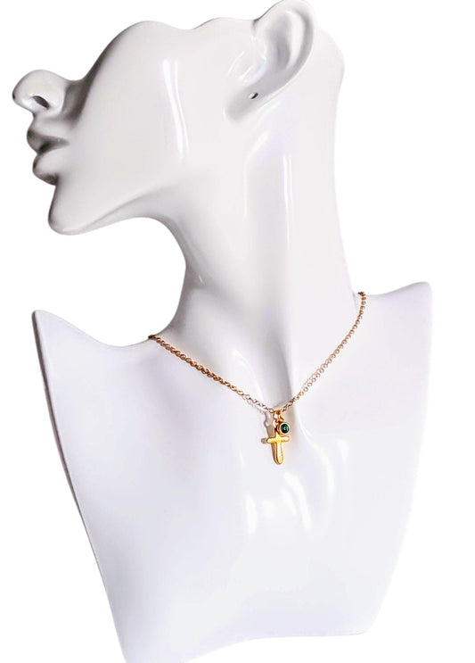 18K Gold Cross Necklace with Birthstone Charm, Customizable Christian Pendant, 9 Birthstone Colors, Dainty Gift for Her