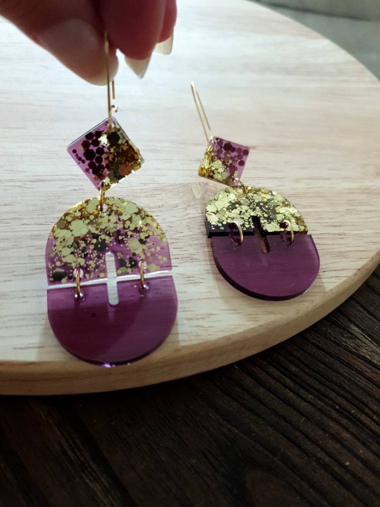 Mesmerizing Purple and Gold Double Arch Dangle Earrings, Gold Glitter and Purple Resin Dangles, Statement Earrings