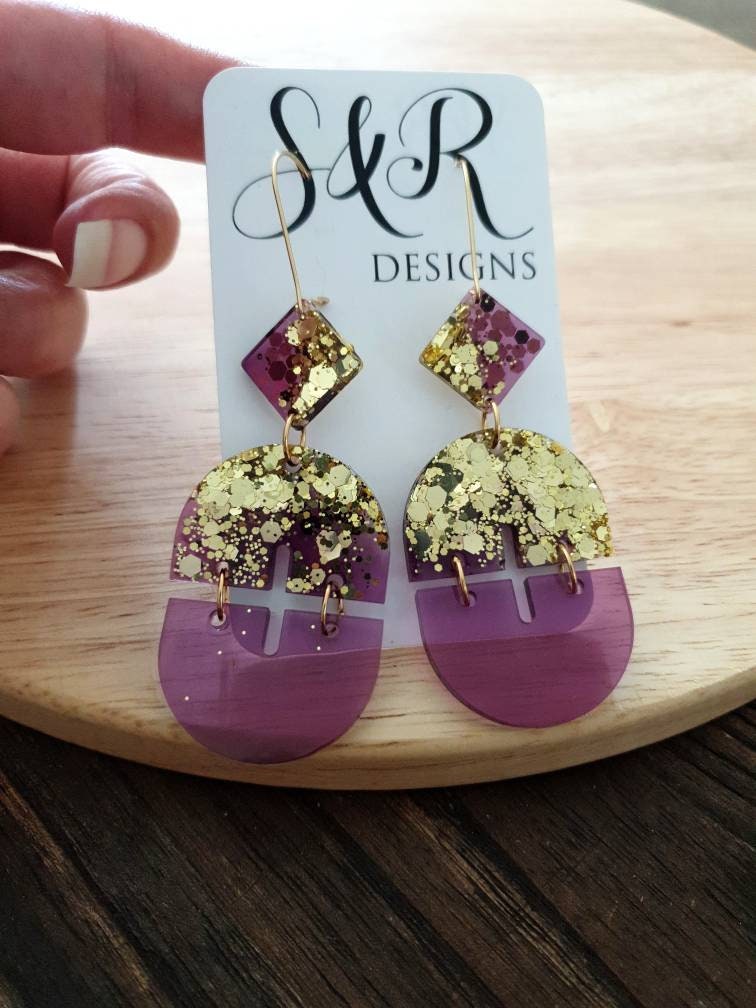 Mesmerizing Purple and Gold Double Arch Dangle Earrings, Gold Glitter and Purple Resin Dangles, Statement Earrings