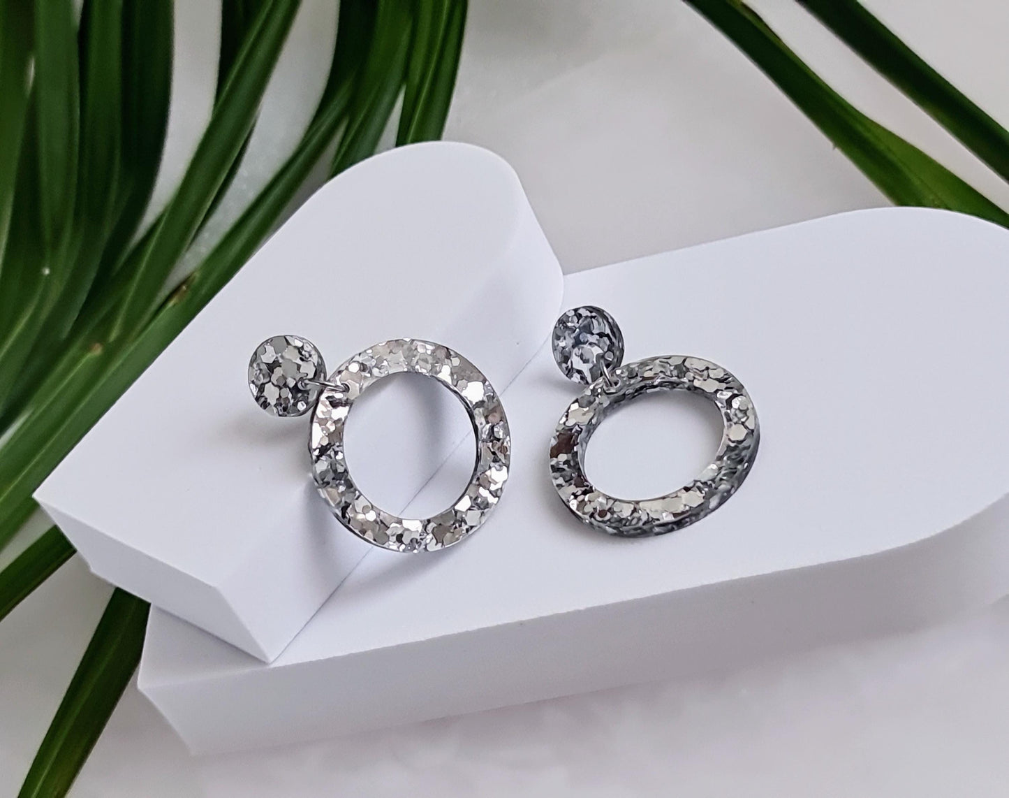 Silver Mirror Hoop Earrings, Acrylic Glitter Earrings, Stainless Steel Hypoallergenic Earrings, Statement Lightweight Earrings