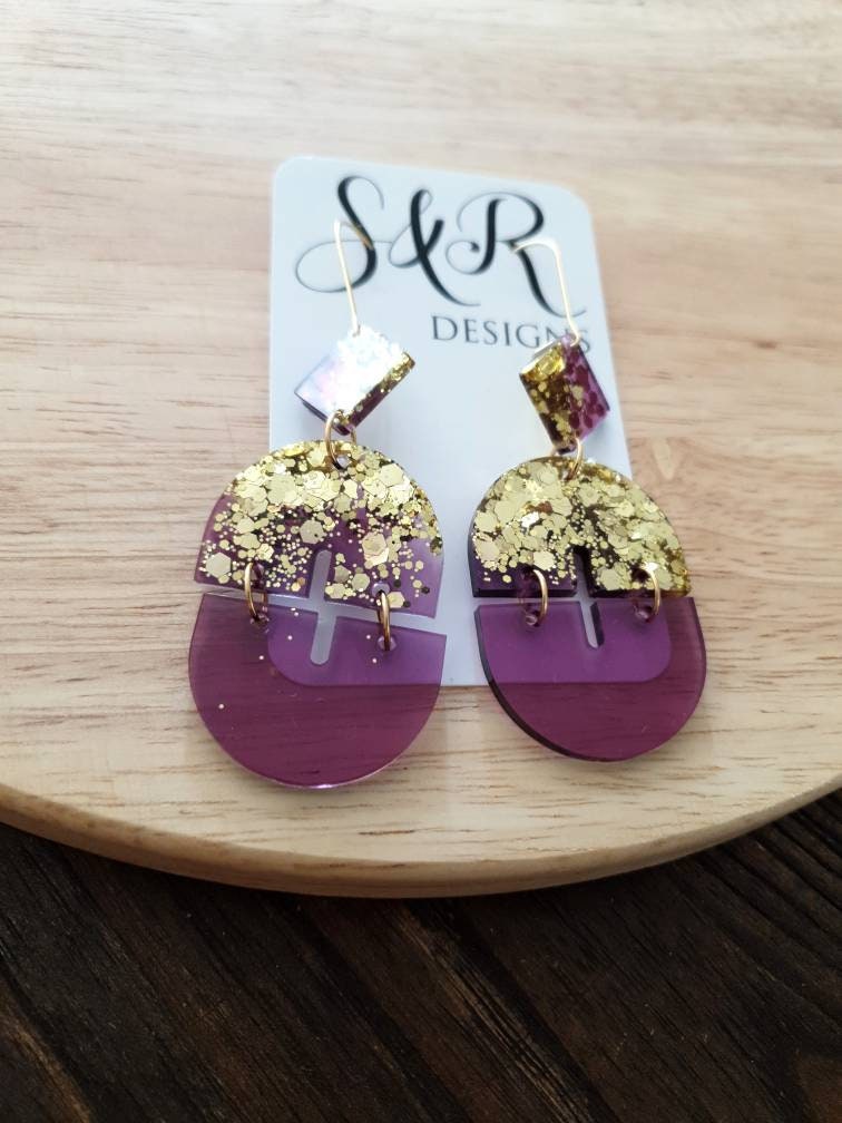 Mesmerizing Purple and Gold Double Arch Dangle Earrings, Gold Glitter and Purple Resin Dangles, Statement Earrings