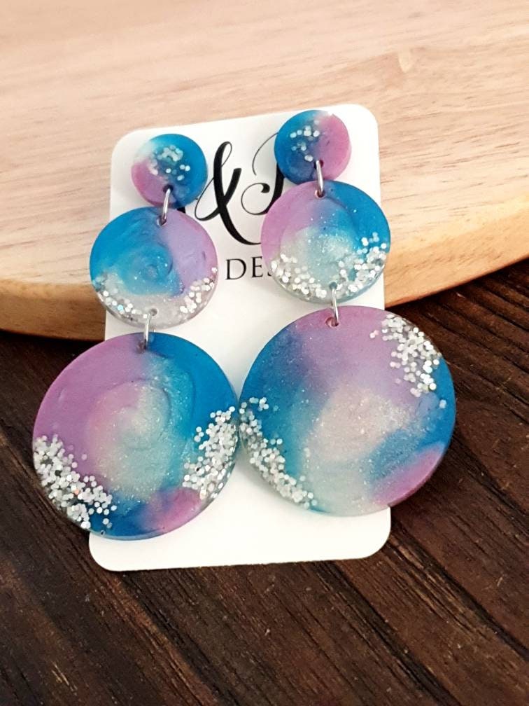 Unique Three Circle Long Resin Earrings, Statement Holographic Glitter with Blue and Pink Earrings, Bridal Stainless Steel Earrings