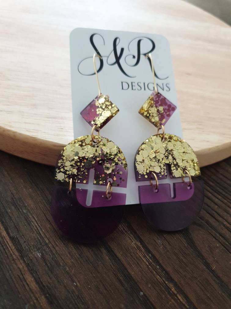 Mesmerizing Purple and Gold Double Arch Dangle Earrings, Gold Glitter and Purple Resin Dangles, Statement Earrings