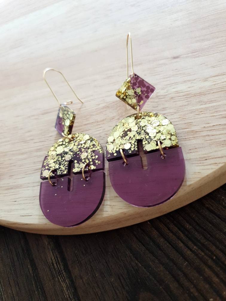 Mesmerizing Purple and Gold Double Arch Dangle Earrings, Gold Glitter and Purple Resin Dangles, Statement Earrings
