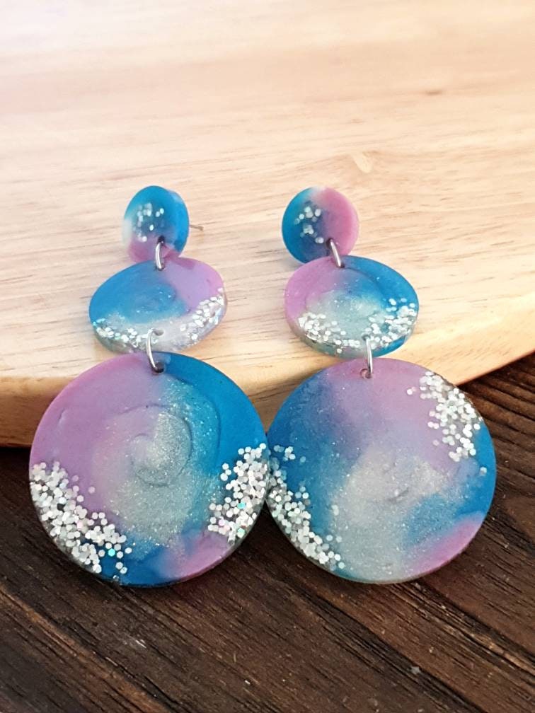 Unique Three Circle Long Resin Earrings, Statement Holographic Glitter with Blue and Pink Earrings, Bridal Stainless Steel Earrings
