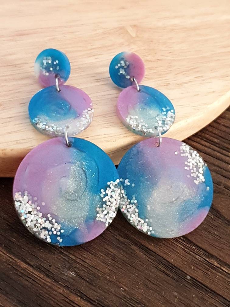 Unique Three Circle Long Resin Earrings, Statement Holographic Glitter with Blue and Pink Earrings, Bridal Stainless Steel Earrings