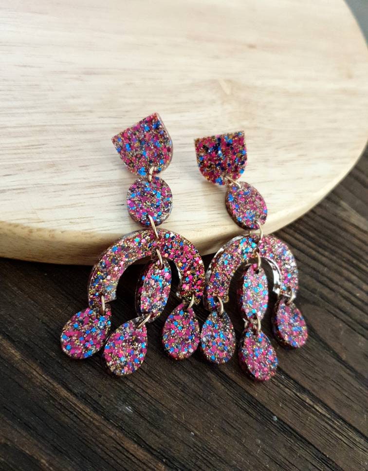 Large Oversized Chandelier Dangle Earrings, Hot Pink, Blue, Gold Glitter Dangles, Statement Long Earrings