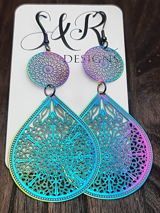 Statement Earrings Large, Rainbow Teardrop Dangle Multicoloured Hypoallergenic Earrings, Pink Blue Teardrops, Stainless Steel Anodized
