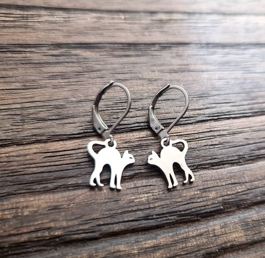 Silver Cat Leverback Earrings, Cat Dangle Earrings, Stainless Steel Waterproof Leverback, Threaders or Hook Earrings. Hypoallergenic Gift.